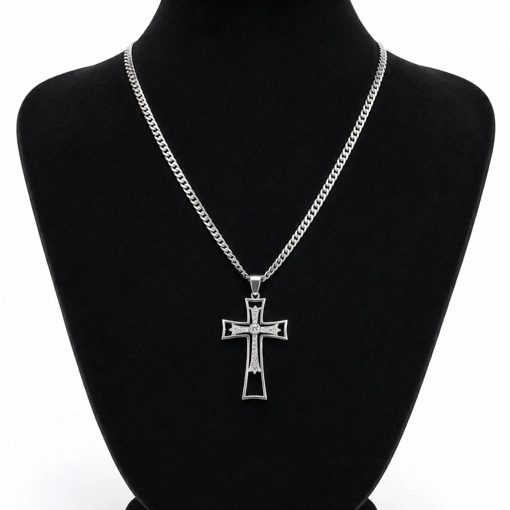 925 Sterling Silver Cubic Zirconia Cross Pendant Necklace - Silver Jewelry 24”